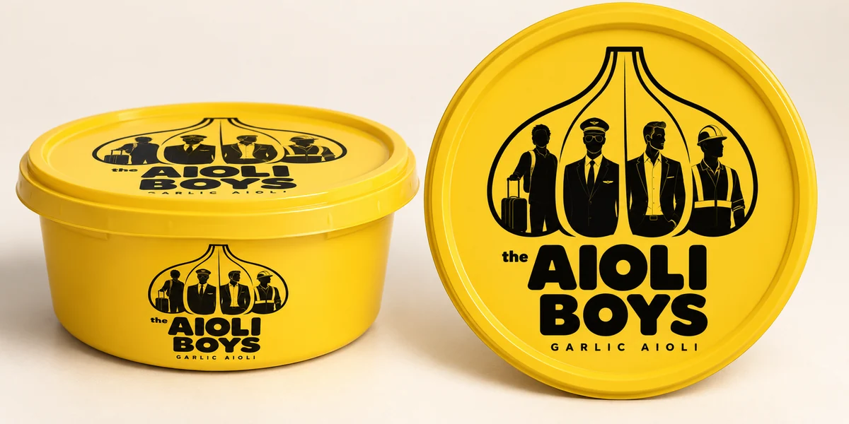 Aioli Boys yellow packaging reference with the four-founder garlic-bulb logo