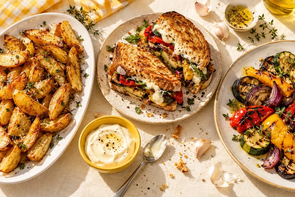 Crispy potatoes, a toasted vegetable sandwich and grilled vegetables served with aioli